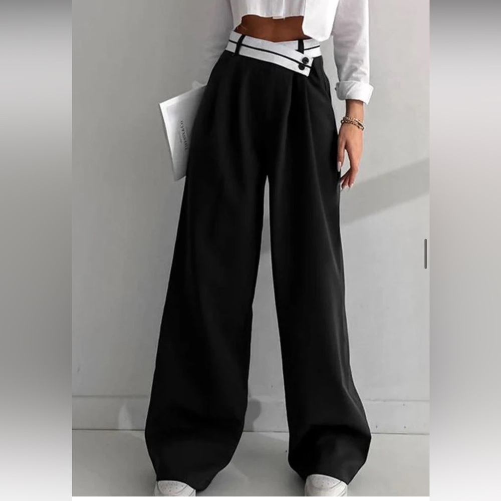 Commense Black Wide-Leg Trousers with White Accent Waist - Picture 1 of 3